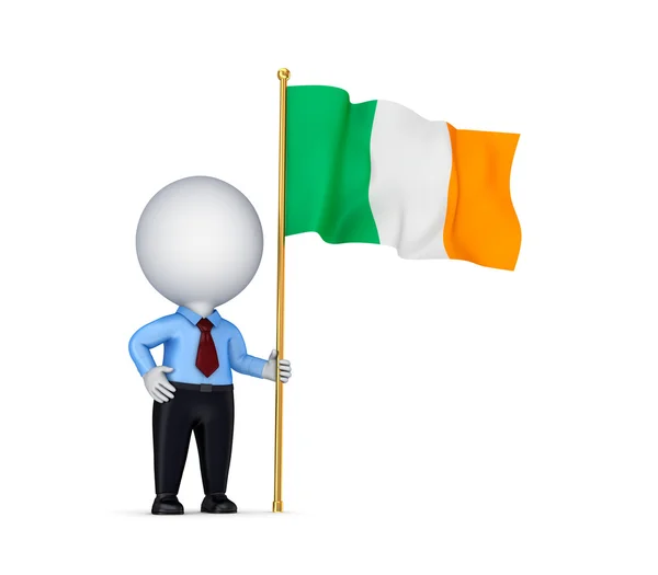 3D-kleine persoon met een Ierse vlag in een hand. — Stockfoto