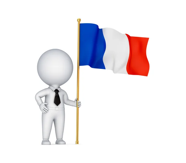 3d small person with a French flag in a hand. — Stock Photo, Image
