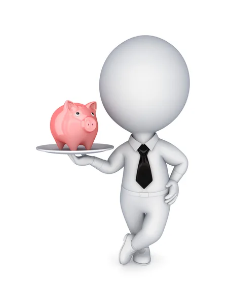 3d small person with a pink piggy bank on a dish. — Stock Photo, Image