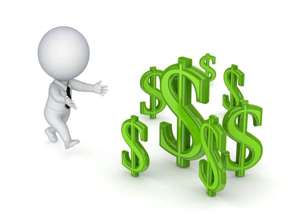 3d small person running to a dollar signs. — Stock Photo, Image