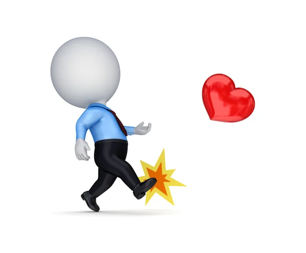 3d small person kicking a red heart. — Stock Photo, Image