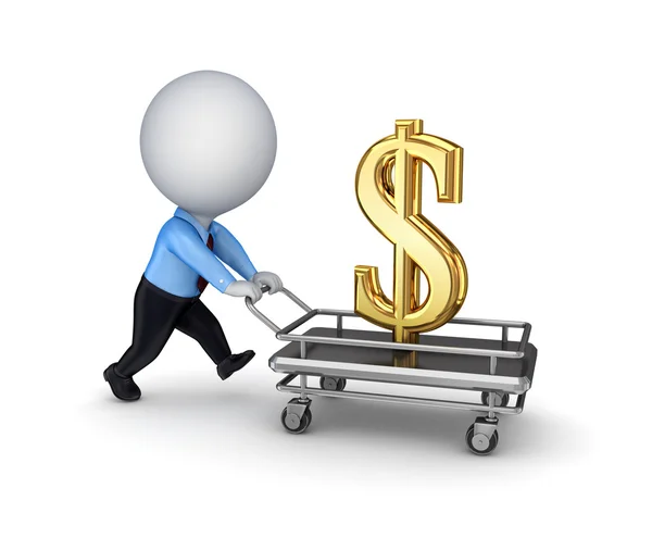 3D liten person, shopping vagn och dollartecken. — Stockfoto