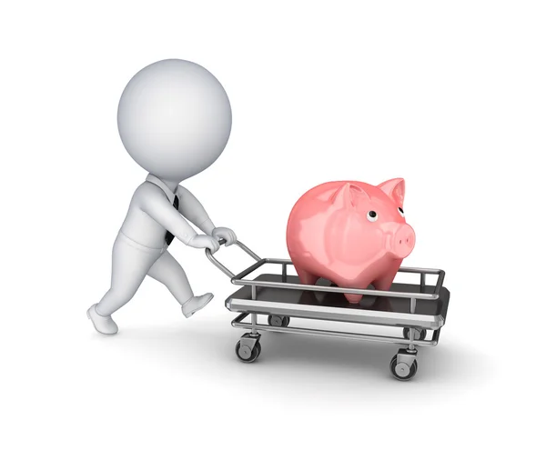 3d person, shopping trolley and pink piggy bank. — Stock Photo, Image