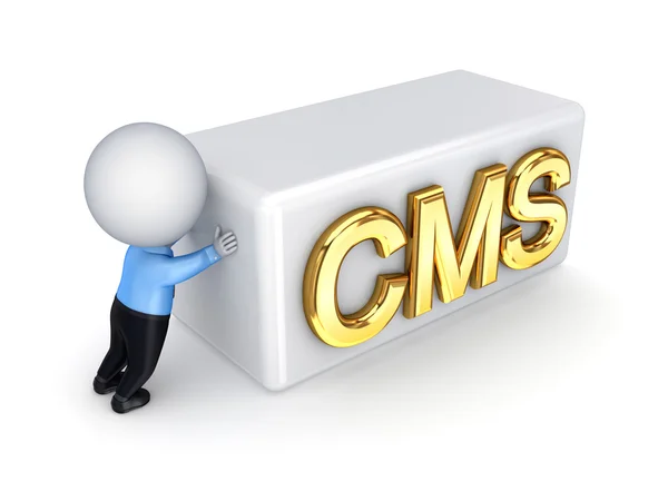 3d small person pushing a word CMS. — Stock Photo, Image