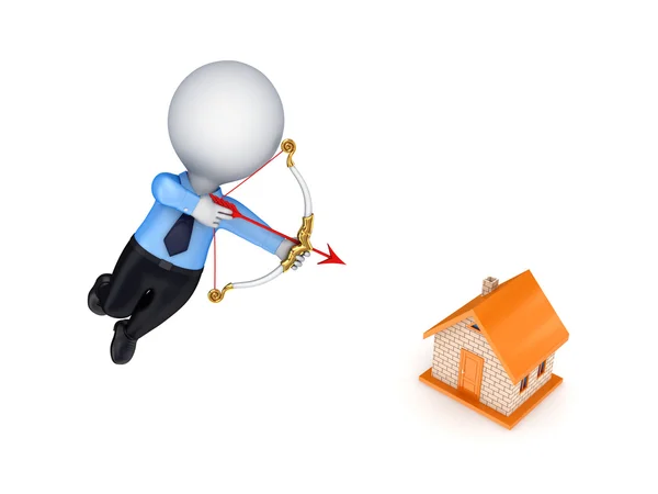 3D person shooting an arrow at small house. — Stock Photo, Image