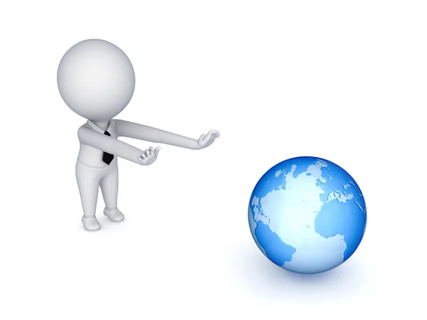 3d small person pulling hands to a big globe. — Stock Photo, Image