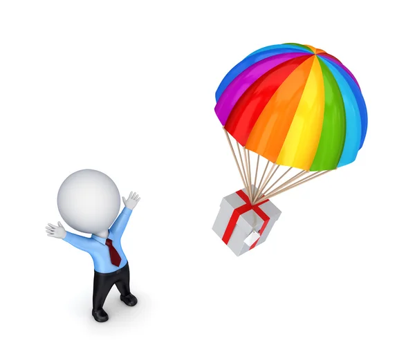 3d small person and colorful parachute. — Stock Photo, Image