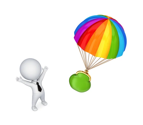 3D liten person och färgglad fallskärm. — Stockfoto