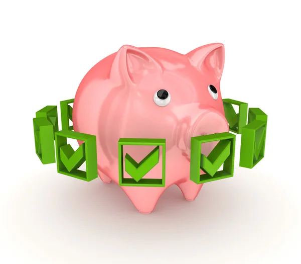 Groene maatstreepjes rond roze piggy bank. — Stockfoto