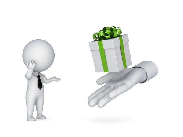 3D-kleine persoon op zoek naar een doos van de gift. — Stockfoto