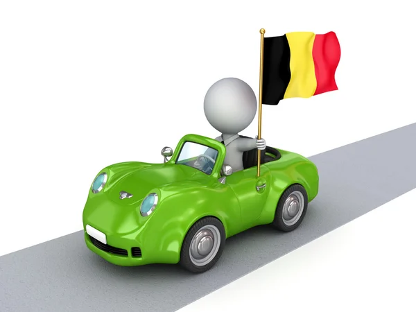 3D małego człowieka na pomarańczowy samochód z banderą belgijską. — Zdjęcie stockowe