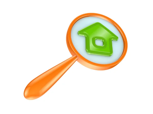 Oranje loep en groen huis pictogram. — Stockfoto