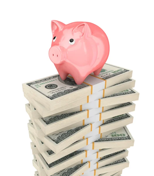 Pink piggy bank and dollar packs. — Stock Photo, Image