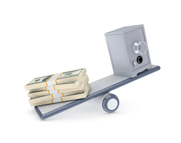 Paquetes de dólares y hierro seguro en una balanza . — Foto de Stock