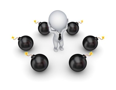 Black bombs around stressed 3d small person. clipart