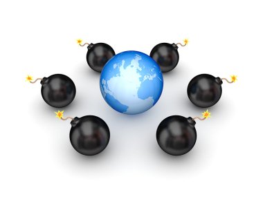 Black bombs around big globe. clipart