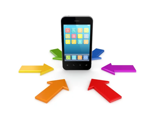 Flechas coloridas em torno do telefone móvel moderno . — Fotografia de Stock