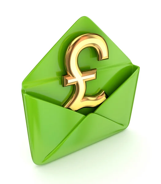 Pound sterling sign with a green envelope. — Stock Photo, Image