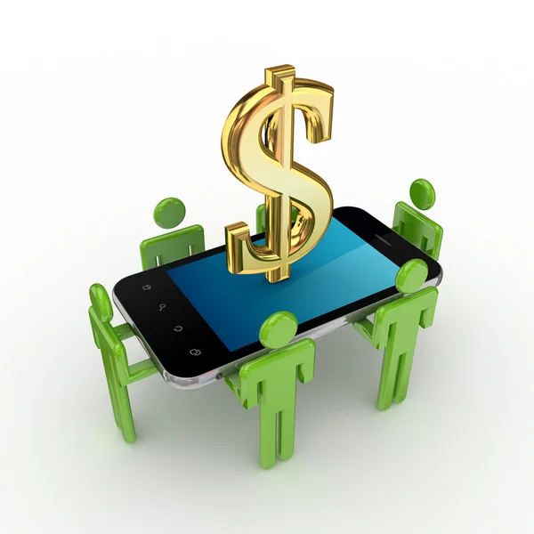 3D-kleine, mobiele telefoon en dollarteken. — Stockfoto