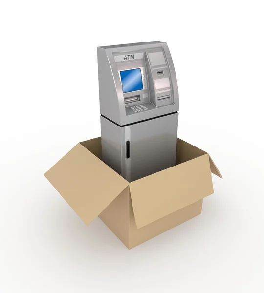 ATM in een kartonnen doos. — Stockfoto
