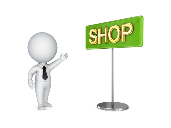 .3d small person pointing on a bunner SHOP. — Stock Photo, Image