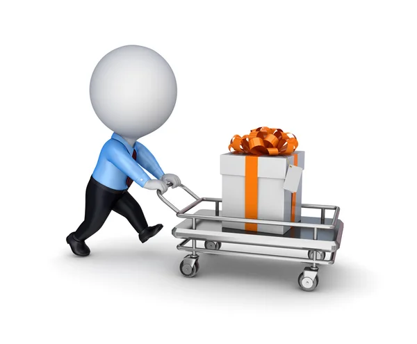 3D kleine Person, Einkaufswagen und Geschenkbox. — Stockfoto