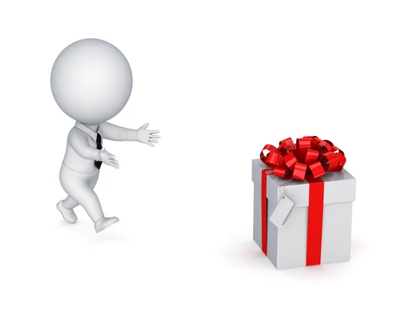 3d small person running to a gift box. — Stock Photo, Image