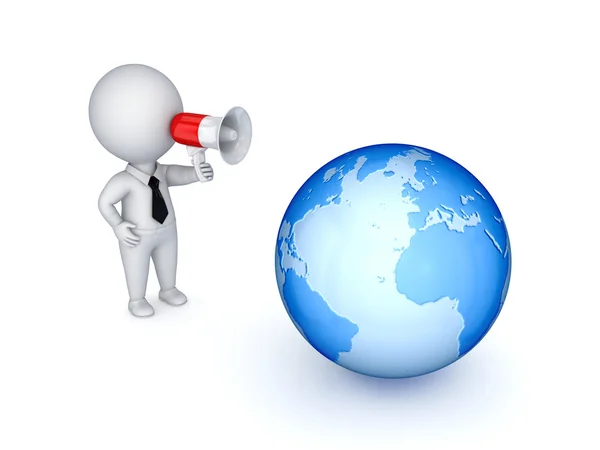 3d small person with megaphone and big globe. — Stock Photo, Image