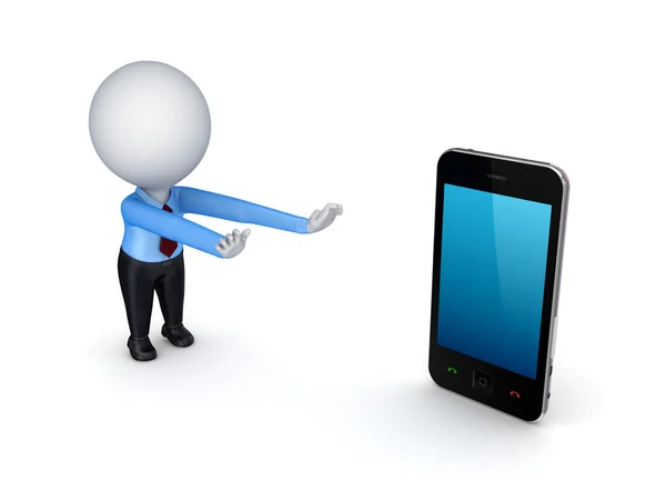 3D-kleine persoon trekken handen naar mobiele telefoon. — Stockfoto