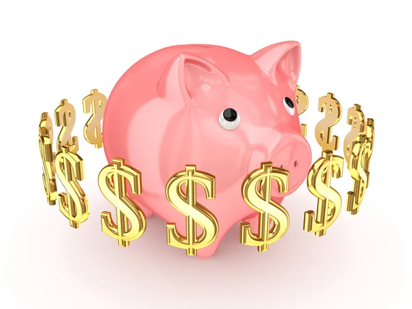Dollarzeichen rund um rosa Sparschwein. — Stockfoto