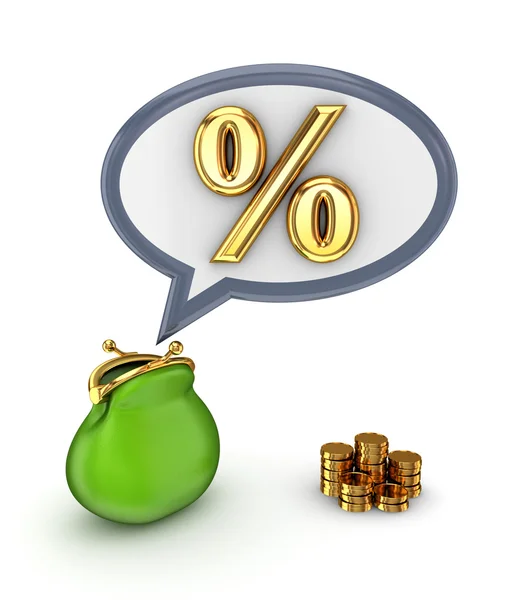 Grüne Handtasche, Goldmünzen und Prozentsymbol. — Stockfoto