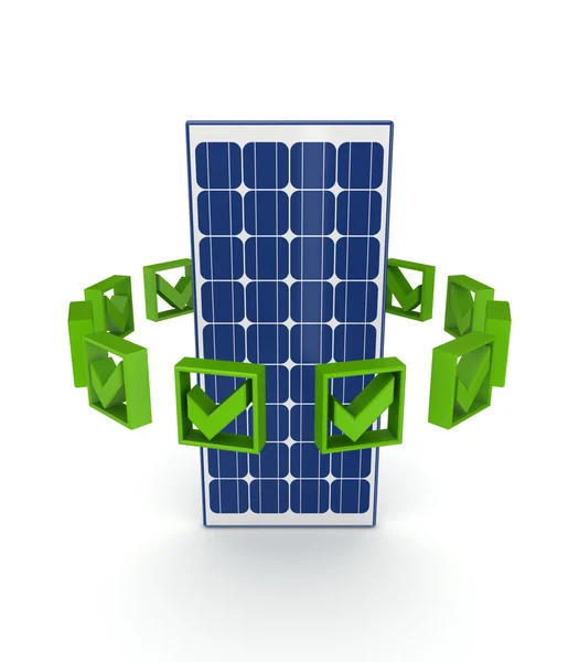 Green tick marks around solar battery. — Stock Photo, Image