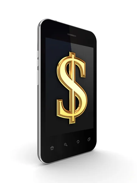 Mozgatható telefon-val arany dollár jel-ra egy képernyő. — Stock Fotó