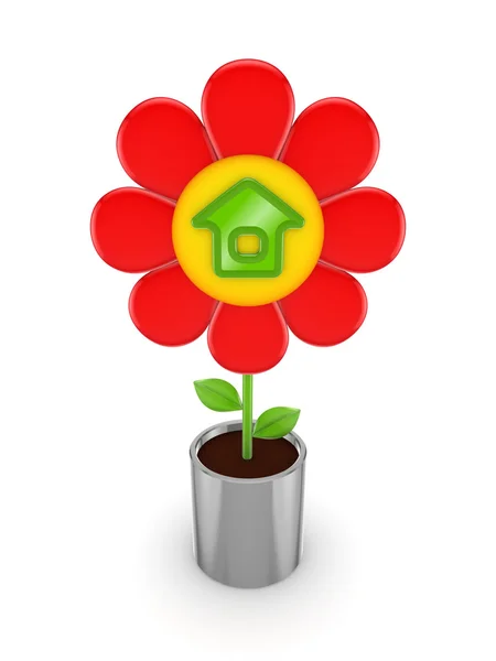 Yeşil ev simgesi olan sevimli kırmızı çiçek. — Stok fotoğraf