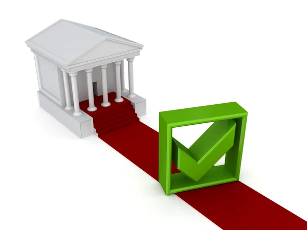 Courthouse, red carpet and green tick mark. — Stock Photo, Image