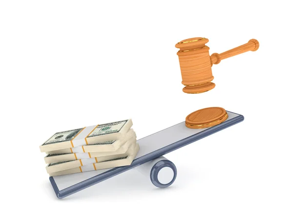Dollar packs and lawyers hammer on a scales. — Stock Photo, Image