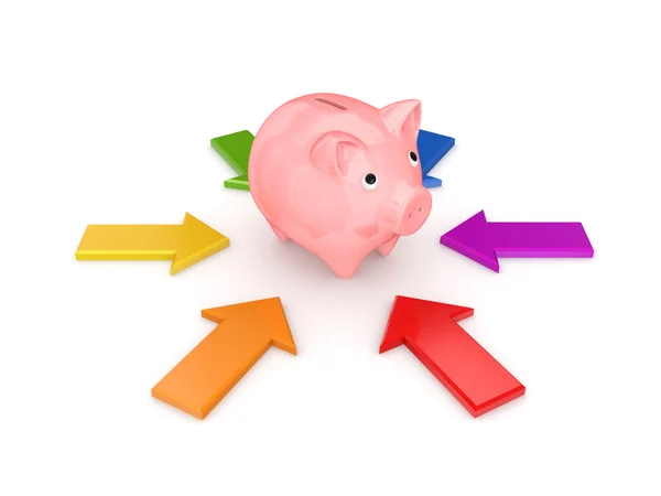 Colorful arrows around pink piggy bank. — Stock Photo, Image