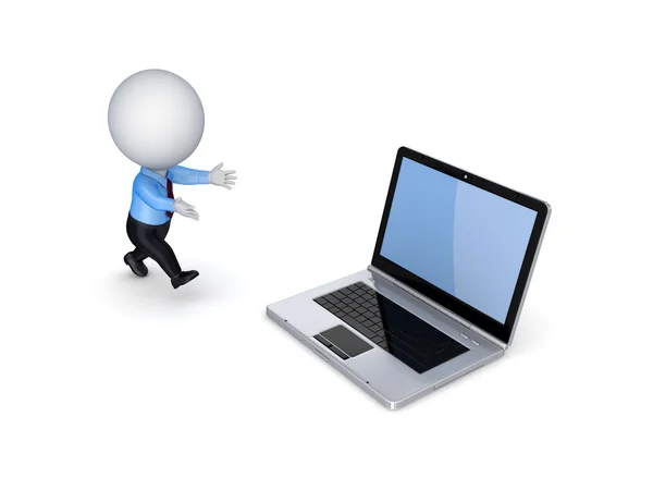 3d small person running to a modern notebook. — Stock Photo, Image