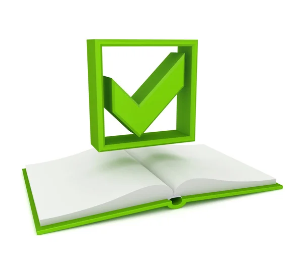Opened book and green tick mark. — Stock Photo, Image