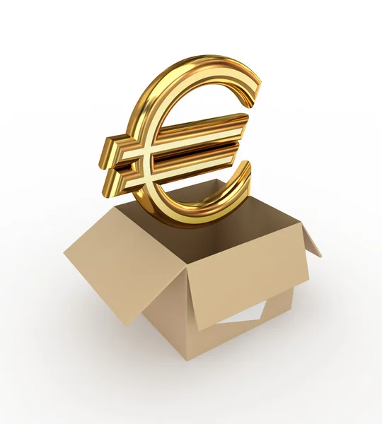 Золотий знак євро в картонній коробці . — стокове фото