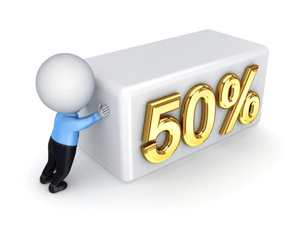 3d small person pushing a word "50%." — Stockfoto
