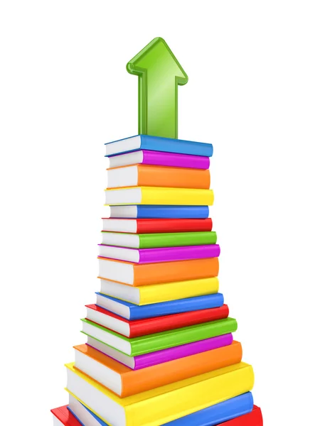 Flecha verde em uma pilha colorida de livros . — Fotografia de Stock