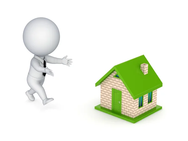 3d small person running to a small house. — Stock Photo, Image
