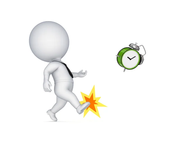 3D liten person som sparkar en grön klocka. — Stockfoto