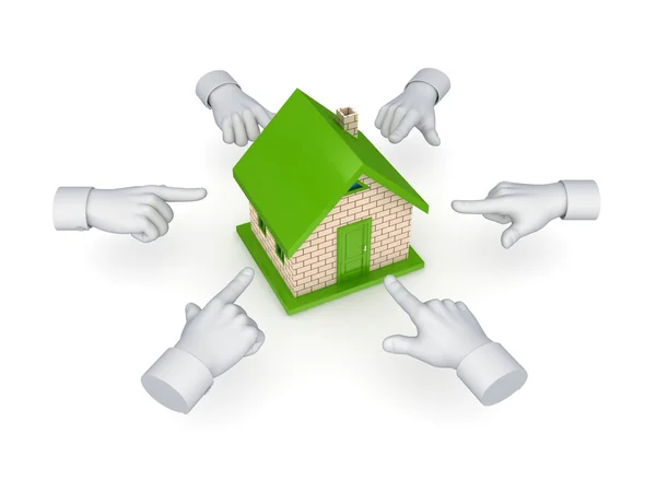 3d hand cursors around small house. — Stock Photo, Image