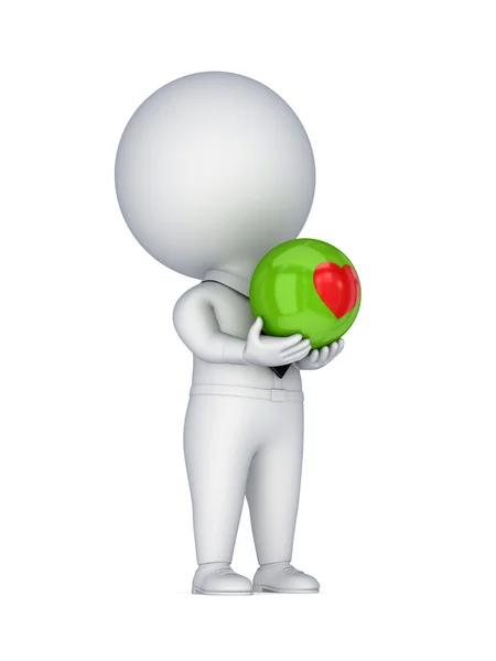 3d small person with a red heart in a hands. — Stock Photo, Image