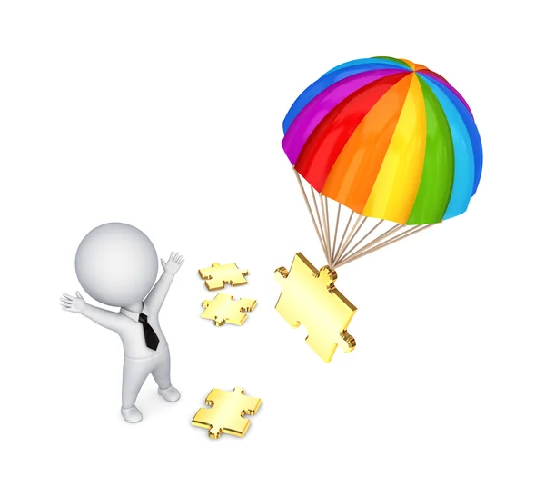 3d small person and colorful parachute. — Stock Photo, Image