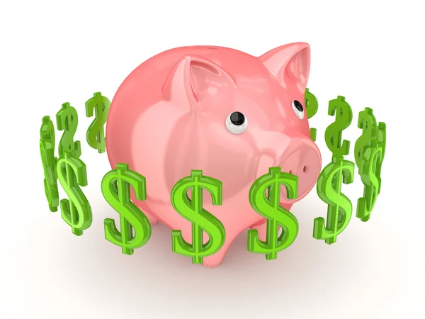 Dollar signs around pink piggy bank. — Stock Photo, Image