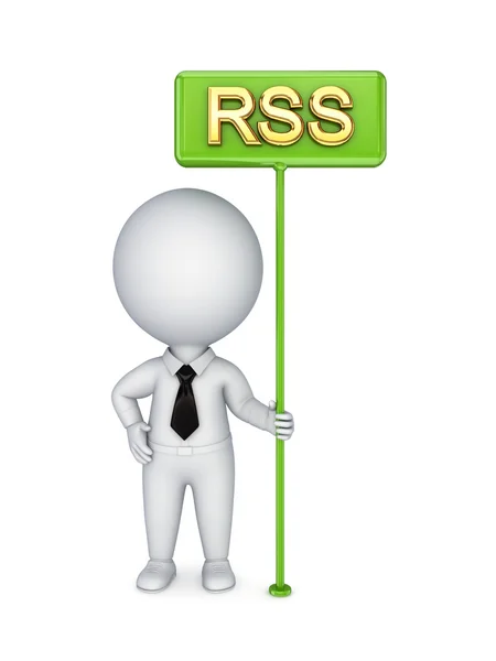 3d small person with bunner RSS. — Stock Photo, Image