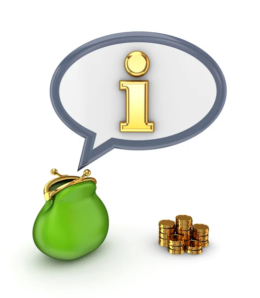 Bolsa verde, moedas de ouro e símbolo Info . — Fotografia de Stock